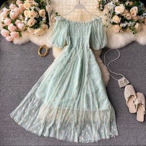 fancy floral teal green dress- From a small business